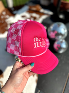 pink checkered trucker hat