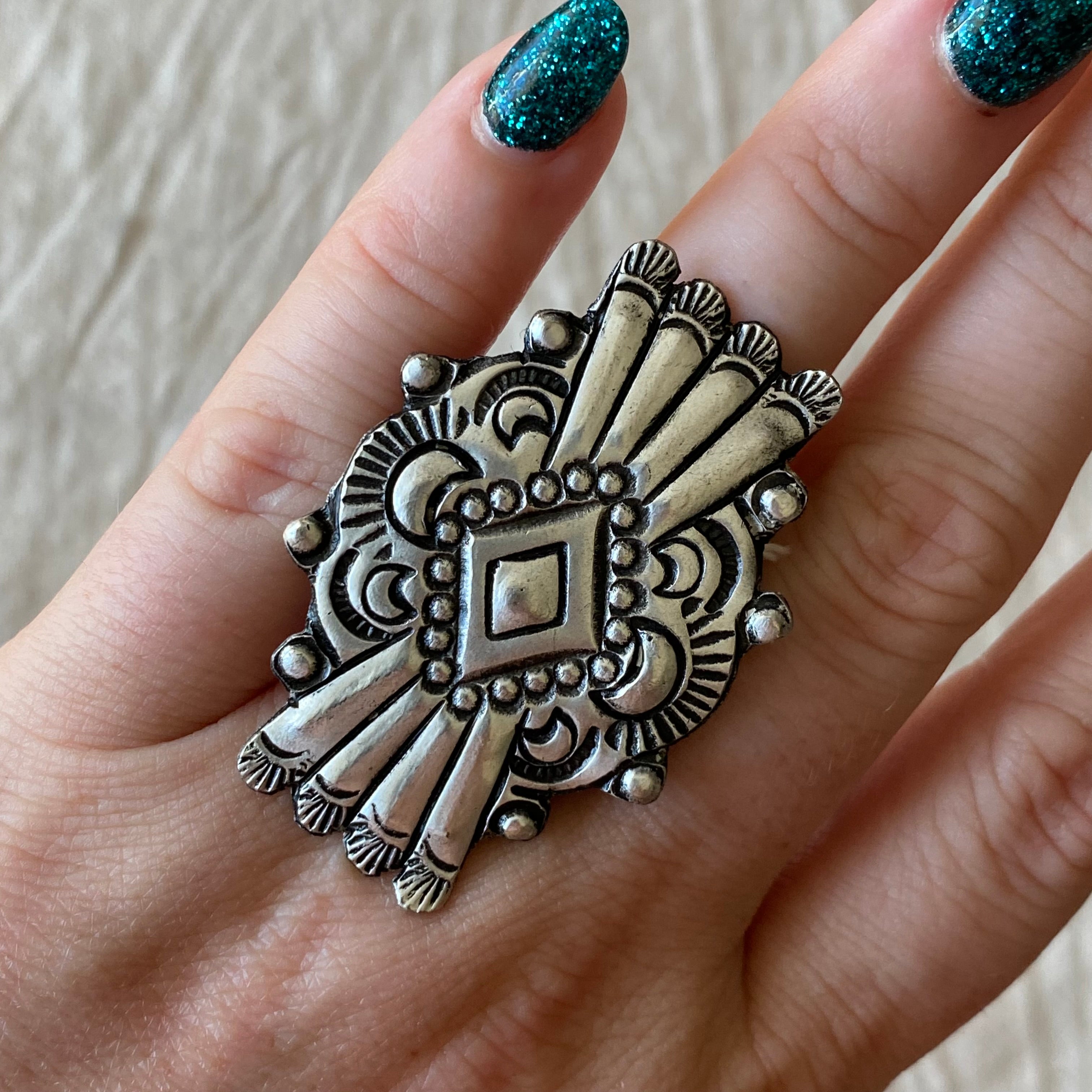 stamped silver moon ring